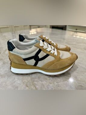 Veronica Beard Tan Suede & Beige Canvas Sneakers with Black Accents